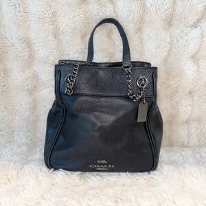 Coach Black Leather Tote with gunmetal chain